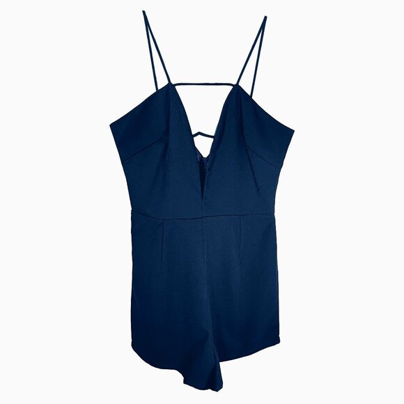 Missguided Strappy Plunge V-Neck Romper Sz 6 Shorts Navy Blue Y2K Coquette Sexy - Picture 1 of 7